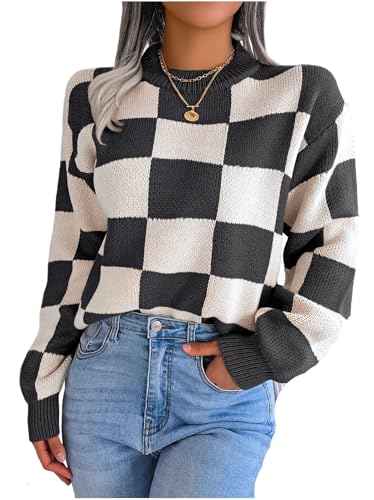 MGDIFYXAA Pullover Für Damen - Pullover Schachbrettpullover Damenbekleidung Casual Tops Damenpullover Plaid Oberbekleidung Langarm Street Wear Stil Bl von MGDIFYXAA