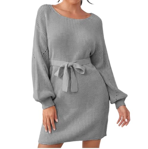 Pulloverkleid Damen - Herbst Und Winter Damen Lockerer Träger Lazy Style Rundhals Pullover Gürtel Einfarbig Langärmeliges Wollkleid Grau S von MGDIFYXAA