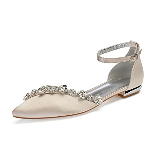 Damen Spitze Zehen Ballerinas Flache elegant Strass Satin Knöchelriemen Schnalle Abendkleid Brautschuhe Hochzeitsschuhe Sandalen,Champagne,42 EU von MGEM