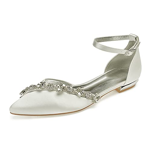 Damen Spitze Zehen Ballerinas Flache elegant Strass Satin Knöchelriemen Schnalle Abendkleid Brautschuhe Hochzeitsschuhe Sandalen,Elfenbein,39 EU von MGEM