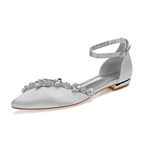 Damen Spitze Zehen Ballerinas Flache elegant Strass Satin Knöchelriemen Schnalle Abendkleid Brautschuhe Hochzeitsschuhe Sandalen,Silber,39 EU von MGEM