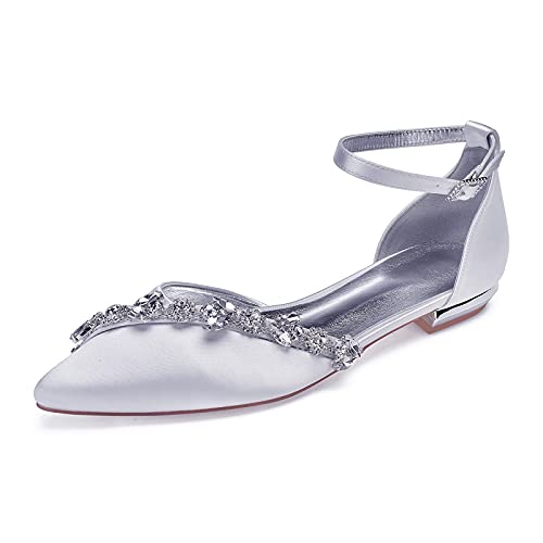 Damen Spitze Zehen Ballerinas Flache elegant Strass Satin Knöchelriemen Schnalle Abendkleid Brautschuhe Hochzeitsschuhe Sandalen,Weiß,40 EU von MGEM