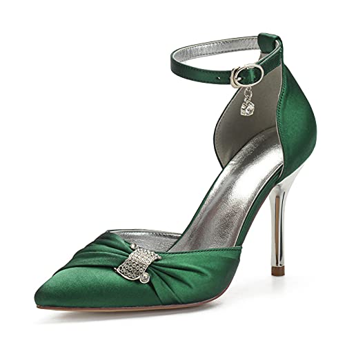 Damen Stiletto Pumps Spitz Strass Satin Knöchelriemen Schnalle Brautschuhe Hochzeitschuhe,Dark Green,36 EU von MGEM