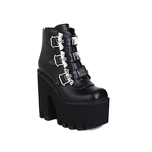 Damen mit Blockabsatz High Heels Stiefeletten Gothic Punk Leder Metall Schnalle Plateau Biker Army Militär Kampfstiefel,Black Matte,44 EU von MGEM