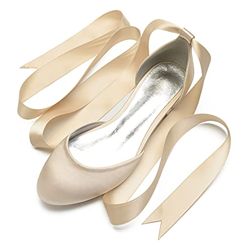 MGEM Ballerinas Damen elegant Runde Zehen Satin Schleife Knöchelriemen Schnür Modeparty Brautschuhe Hochzeit Schuhe,Champagne,38 EU von MGEM