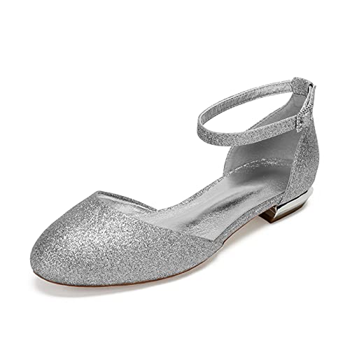 MGEM Damen Ballerinas Runde Zehen Knöchelriemen Flache Brautschuhe Hochzeitschuhe,Silber,42 EU von MGEM