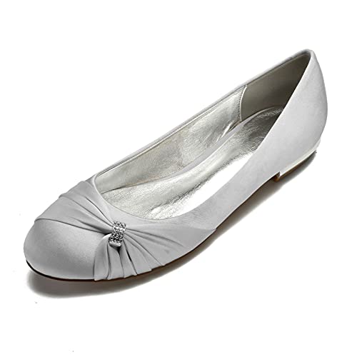 MGEM Damen Ballerinas Sommer elegant Strass Satin Runde Zehen Flache Brautschuhe Hochzeit Schuhe Sandalen,Silber,43 EU von MGEM