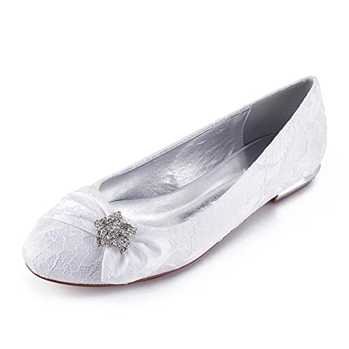 MGEM Damen Brautschuhe Closed Toe Strass Spitze Satin Flache Ballerinas Elegante Beiläufig Party Hochzeitsschuhe Sandalen,Weiß,42 EU von MGEM