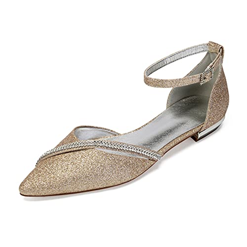 MGEM Damen Brautschuhe elegant Strass Spitze Knöchelriemen Schnallen Flache Ballerinas Abendkleid Hochzeitsschuhe,Champagne,39 EU von MGEM