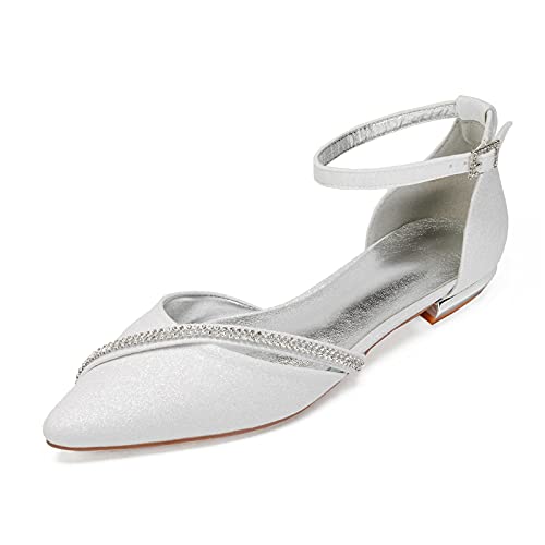 MGEM Damen Brautschuhe elegant Strass Spitze Knöchelriemen Schnallen Flache Ballerinas Abendkleid Hochzeitsschuhe,Elfenbein,37 EU von MGEM