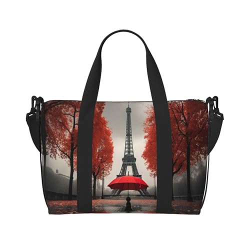 Eiffelturm mit rotem Regenschirm-Druck, Handgepäcktasche mit Reißverschluss, Wochenendtasche, Übernachtungstasche, für Damen und Herren von MGGAklp