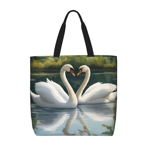 MGGAklp Schöne weiße Tragetasche mit Schwänen auf dem See, mit Reißverschluss, stilvolle wiederverwendbare Schultertaschen für Shopping, Arbeit, Urlaub von MGGAklp
