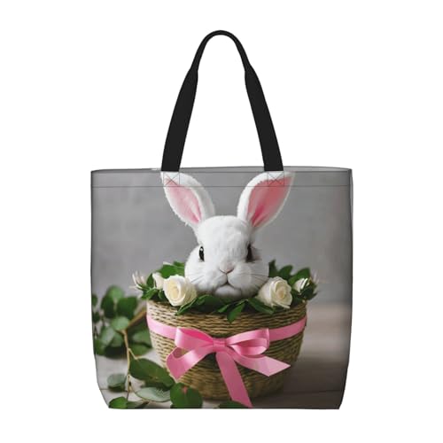 MGGAklp Tragetasche mit Hasen-Rosetten-Druck, mit Reißverschluss, stilvolle wiederverwendbare Schultertaschen für Shopping, Arbeit, Urlaub von MGGAklp