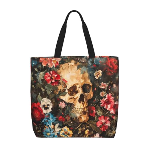 MGGAklp Tragetasche mit Totenkopf-Motiv und Reißverschluss, stilvolle wiederverwendbare Schultertaschen für Shopping, Arbeit, Urlaub von MGGAklp