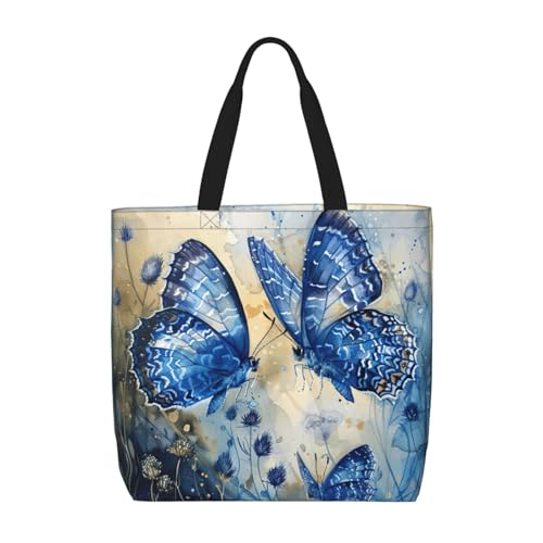 MGGAklp Tragetasche mit blauem Schmetterlings-Aufdruck, mit Reißverschluss, stilvolle wiederverwendbare Schultertaschen für Shopping, Arbeit, Urlaub von MGGAklp
