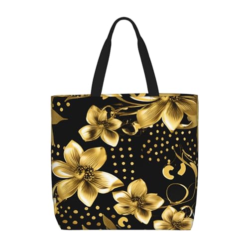MGGAklp Tragetasche mit schwarzem und goldfarbenem Blumendruck, mit Reißverschluss, stilvolle wiederverwendbare Schultertaschen für Shopping, Arbeit, Urlaub von MGGAklp