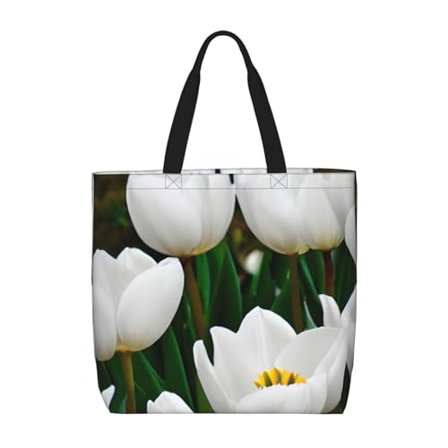MGGAklp Tragetasche mit weißem Tulpenblumendruck, mit Reißverschluss, stilvolle wiederverwendbare Schultertaschen für Shopping, Arbeit, Urlaub von MGGAklp