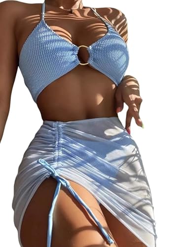Damen Bikini Set 3 Teiliger Bikini-Sets Neckholder Badeanzug mit Cover Up Rock Swimsuit Set Mesh Slim Schlanker Sommerbikini,Blau,M von MGGMOKAY