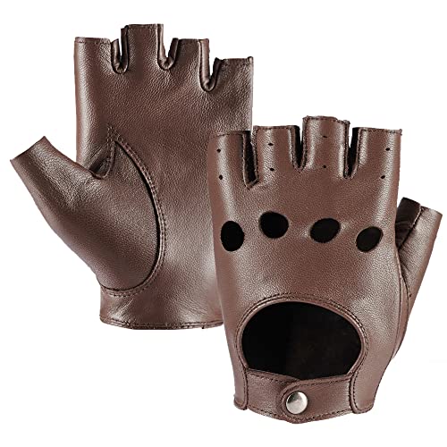 Damen Fingerlose Schaffell Autofahrer Lederhandschuhe Rock Punk Handschuhe,Braun,L von MGGMOKAY