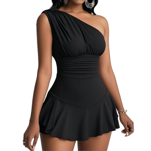 Damen One-Piece Swim Dress with Tummy Control Schlankheits-Sommer-Strand-Badeanzug,Schwarz,XL von MGGMOKAY