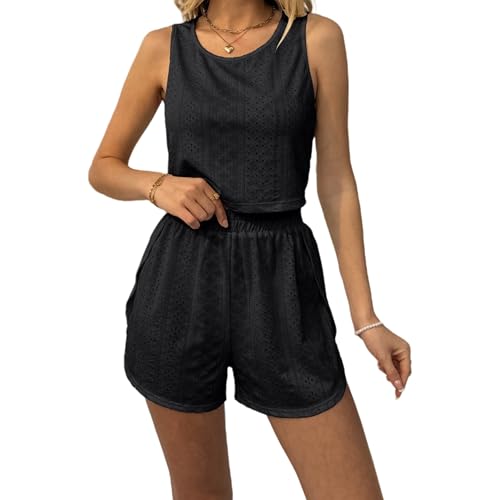 MGGMOKAY Damen Bikini Cover Up Set 2 Teilig Badeanzug Häkeln Ärmellose Crop Top Kurze HosenStrand Bademode Gestrickte Strandkleid Beach Crochet Cover Ups,Schwarze,M von MGGMOKAY