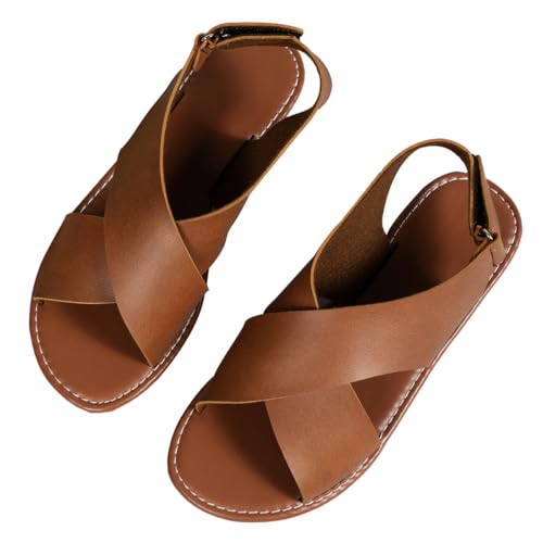 MGGMOKAY Damen Cross Sandal Damen Flache Sandaletten Sommer Offene Zehe Pantoletten,Braun,37 von MGGMOKAY