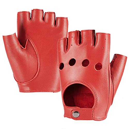 MGGMOKAY Damen Fingerlose Schaffell Autofahrer Lederhandschuhe Rock Punk Handschuhe,Rot,L von MGGMOKAY