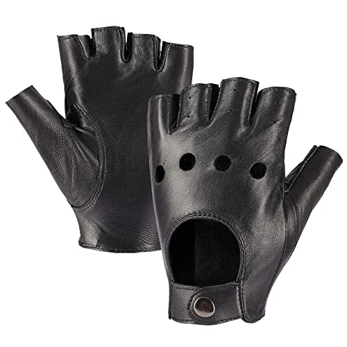 MGGMOKAY Damen Fingerlose Schaffell Autofahrer Lederhandschuhe Rock Punk Handschuhe,Schwarz,L von MGGMOKAY