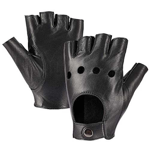 MGGMOKAY Damen Fingerlose Schaffell Autofahrer Lederhandschuhe Rock Punk Handschuhe,Schwarz,XL von MGGMOKAY