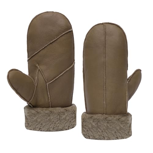 MGGMOKAY Damen Lammfell Shearling Fäustlinge Warme Winter Lederhandschuhe,Hellbraun,M von MGGMOKAY