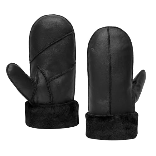 MGGMOKAY Damen Lammfell Shearling Fäustlinge Warme Winter Lederhandschuhe,Schwarz,L von MGGMOKAY