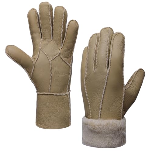 MGGMOKAY Damen Lederhandschuhe Schaffell Handschuhe aus Shearling Warme Winterhandschuhe,Beige,L von MGGMOKAY