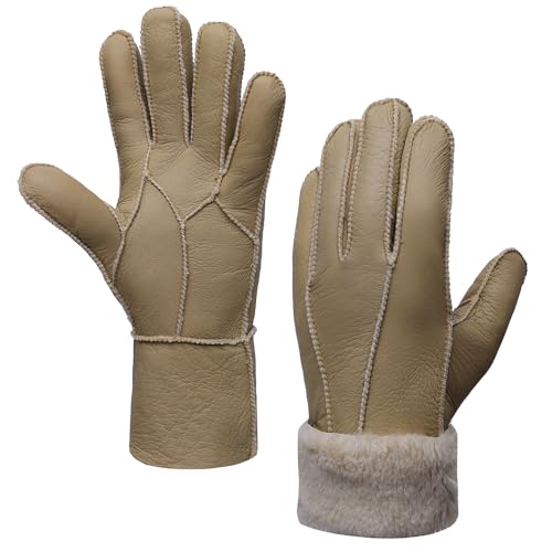 MGGMOKAY Damen Lederhandschuhe Schaffell Handschuhe aus Shearling Warme Winterhandschuhe,Beige,M von MGGMOKAY