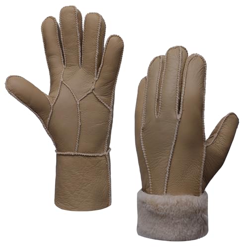 MGGMOKAY Damen Lederhandschuhe Schaffell Handschuhe aus Shearling Warme Winterhandschuhe,Hellbraun,S von MGGMOKAY