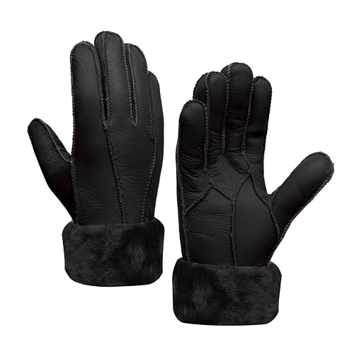 MGGMOKAY Damen Lederhandschuhe Schaffell Handschuhe aus Shearling Warme Winterhandschuhe,Schwarz,S von MGGMOKAY