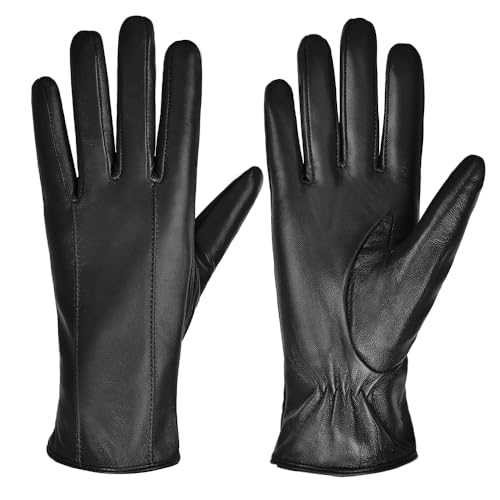 MGGMOKAY Damen Lederhandschuhe Touchscreen Handschuhe Warm Echtes Leder mit Kaschmir Gefüttert,Schwarz,L von MGGMOKAY