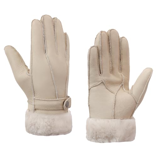 MGGMOKAY Damen Shearling Handschuhe Damen Lederhandschuhe Shearling Warme Winterhandschuhe,Beige,S von MGGMOKAY