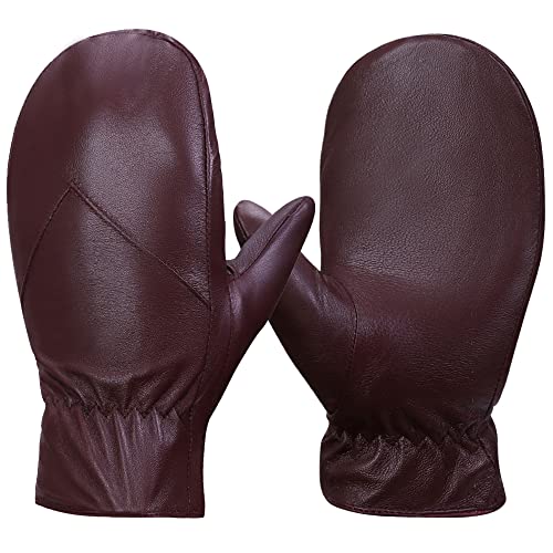 MGGMOKAY Damen Winterhandschuhe Lammfell Fäustlinge Mit Fleece gefüttert,Burgunderrot,XXL von MGGMOKAY