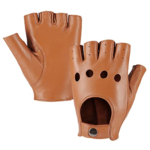 MGGMOKAY Fingerlose Herren Half Finger Autofahrer Handschuhe aus Leder,Kamel,S von MGGMOKAY