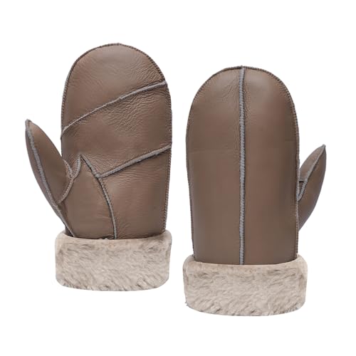 MGGMOKAY Herren Lammfell Shearling Fäustlinge Warme Lederhandschuhe,Hellbraun,S von MGGMOKAY