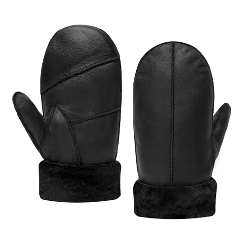 MGGMOKAY Herren Lammfell Shearling Fäustlinge Warme Lederhandschuhe,Schwarz,L von MGGMOKAY