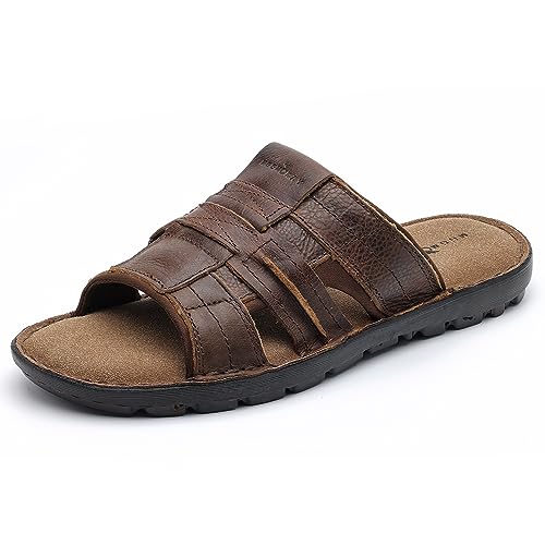 MGGMOKAY Herren Leder Sandalen Sommer Hausschuhe Herren Pantoletten für Innen- und Außenbereich Bequem Leichten,Braun,42 von MGGMOKAY