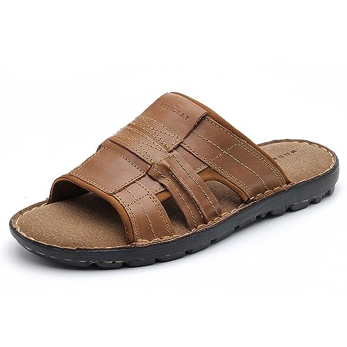 MGGMOKAY Herren Leder Sandalen Sommer Hausschuhe Herren Pantoletten für Innen- und Außenbereich Bequem Leichten,Rötlich-braun,44 von MGGMOKAY