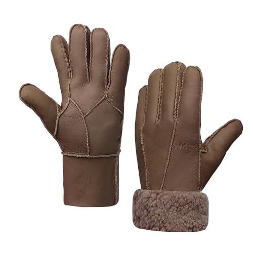 MGGMOKAY Herren Lederhandschuhe Schaffell Shearling Warme Winterhandschuhe,Braun,S von MGGMOKAY