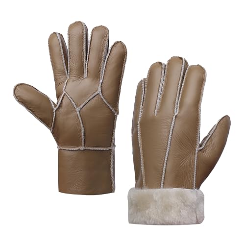 MGGMOKAY Herren Lederhandschuhe Schaffell Shearling Warme Winterhandschuhe,Kamel,L von MGGMOKAY