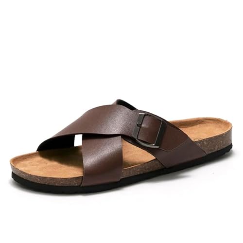 MGGMOKAY Herren Pantoletten Leder Kork-Sandalen Bequem Mit Verstellbarer Rieme,Braun,40 von MGGMOKAY