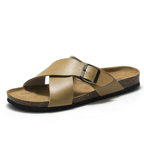 MGGMOKAY Herren Pantoletten Leder Kork-Sandalen Bequem Mit Verstellbarer Rieme,Kamel,40 von MGGMOKAY