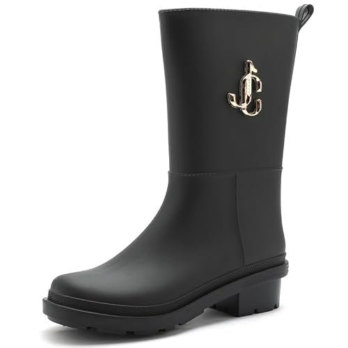 MGGMOKAY Regenstiefel Damen Halbhoch Wasserdicht Anti-Rutsch Gartenschuhe Mit Bequemen Einlegesohlen Mode Regenschuhe für den Außenbereich,Schwarz,39 von MGGMOKAY