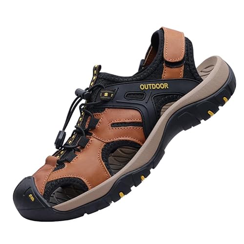 MGGMOKAY Trekkingsandalen Herren Rindsleder Geschlossene Zehe Sommer Sport Wandersandalen,Rötlich Braun,45 von MGGMOKAY