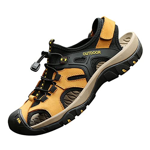 MGGMOKAY Trekkingsandalen Herren Rindsleder Geschlossene Zehe Sommer Sport Wandersandalen,gelb,47 von MGGMOKAY